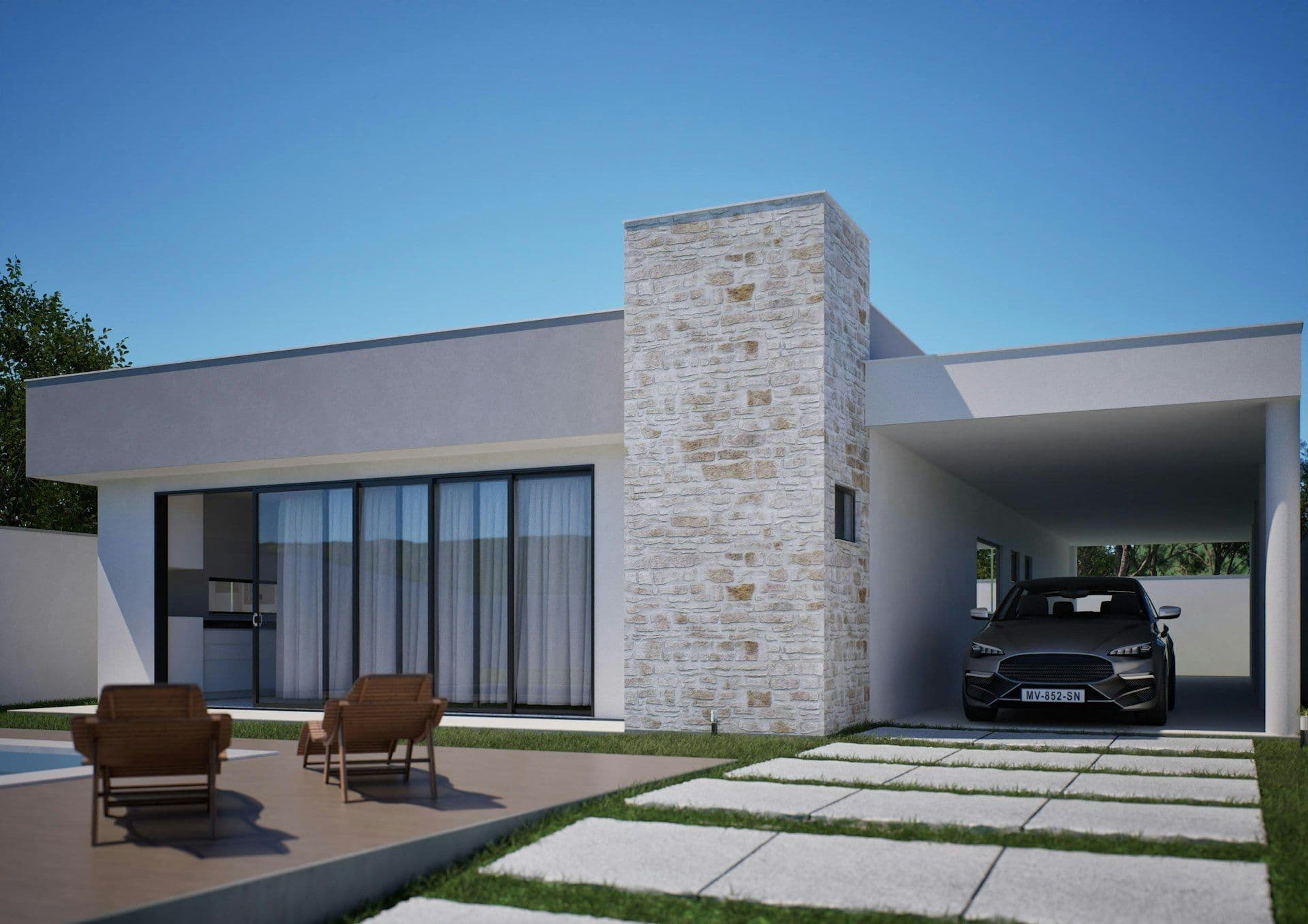 Maison moderne avec grandes baies vitrées et terrasse ensoleillée